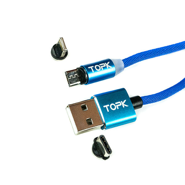 Кабель магнитный Topk USB - MicroUSB/Type-C/Lightning (Синий)